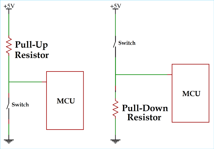 Arduino with pull-up, and pull-down resistors on push buttons